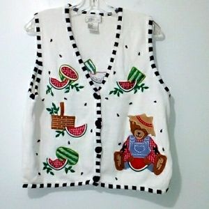 Vintage Watermelon Teddy Bear Picnic print beaded knit vest